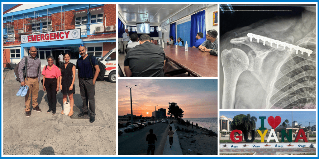 Collage of five photos. From left to right, top to bottom: 1) The team of consultants outside the hospital of Georgetown. 2) Dr Gupta gives a lecture to surgeons in Georgetown hospital. 3) An X-ray after tumor removal from the collarbone and fixation, 4) children playing on a road that runs along the coastline as the sun sets in front of them, and 5) A large colorful sign spelling out ?I love Guyana? with a heart on display in Georgetown.