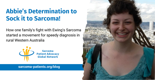 A graphic featuring a photo of Abbie Basson standing on the viewing platform of the Eiffel Tower, promoting the latest blog post from Sarcoma Patient Advocacy Global Network. The caption reads: Abbie's Determination to Sock it to Sarcoma! How one family's fight with Ewing's Sarcoma started a movement for speedy diagnosis in rural Western Australia.