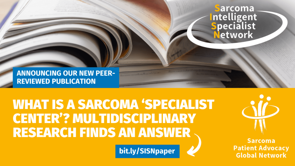 A graphic promoting the publication of SPAGN’s new publication, “What is a Sarcoma Specialist Center? Multidisciplinary Research Finds an Answer”. There is an arrow pointing to a shortlink where people can read the publication, bit.ly/SISNpaper